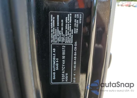 2010 Saab 9-3 2.0T from USA, damaged, VIN YS3FA7CY4A1618072